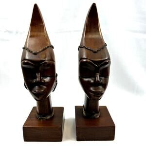set African Vintage Statues Art Collectible couple with jewelry hand carved Bust